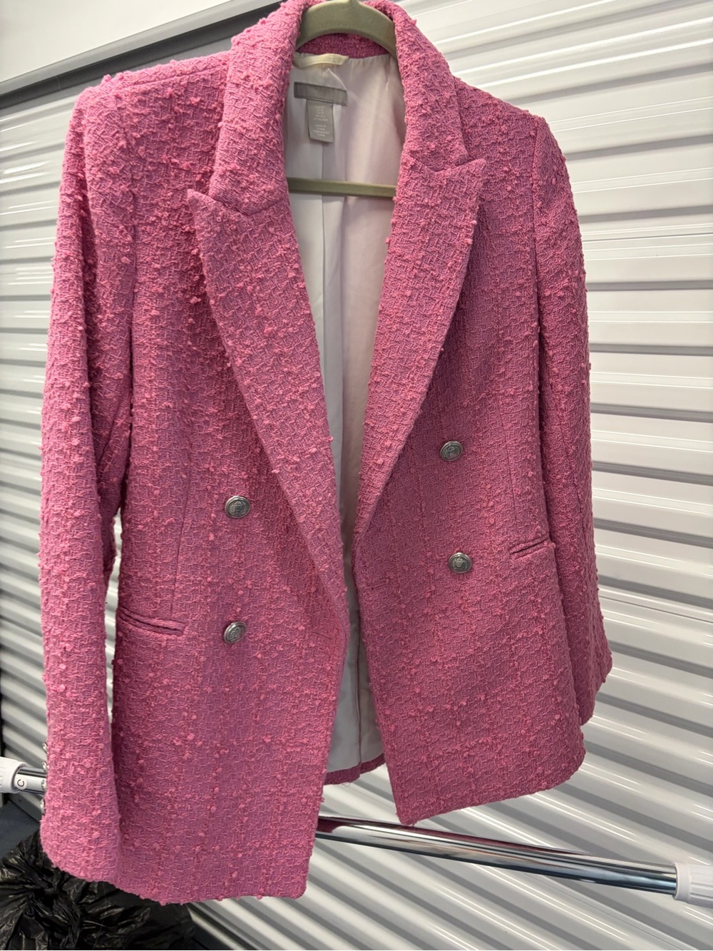 H&M Pink Double-Breasted Tweed Blazer